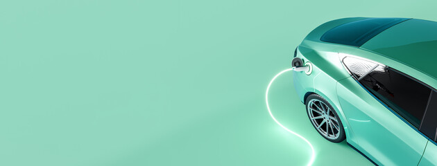 Green electric car connected to charger on green background with copy space. 3D Rendering, 3D...