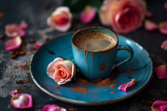 Vintage Blue Cup with Aromatic Coffee and Rose Accent
