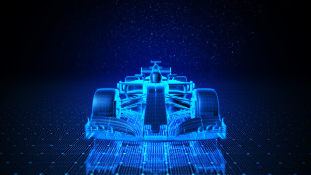 3D Wireframe Illustration of Formula One Car With Orange Blue Background
