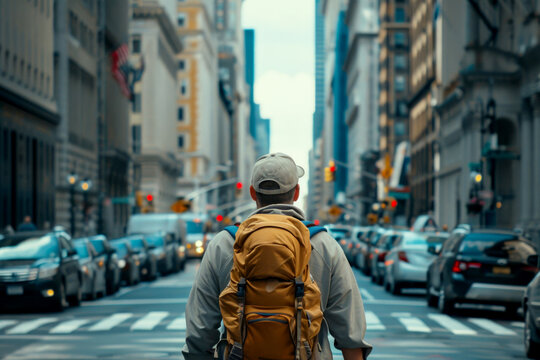 A solitary figure with a backpack stands at a bustling city crosswalk.