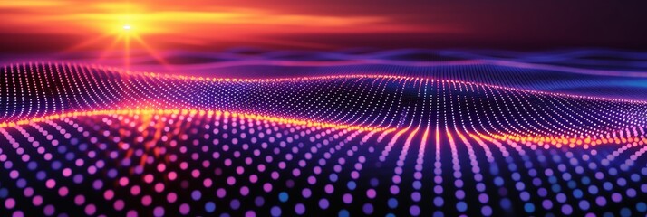 Fototapeta premium The sun emits a radiant glow, illuminating a vibrant and abstract pattern of rainbow dots, banner 