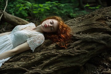 A red-haired lady lies serenely on a giant tree trunk, donned in a white dress, contrasting...