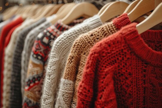 A winter wardrobe scene captures the allure of a vibrant red sweater in a collection of textured, earth-toned knits.
