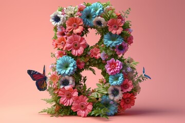 8 number for International Women's Day, March 8th from colorful flowers in pink background 