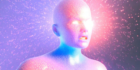 3D hologram of a person. particles of light. 3D illustration. physical condition. Head. happy. fun. sad. anger. Emotional. spiritual. Abstract. Stiff shoulder. body. yoga.