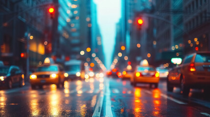 Blurred background with bokeh effect of New York street, dusk, evening street with taxis, cars and lit lights, wet after the rain