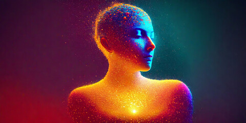 3D hologram of a person. particles of light. 3D illustration. physical condition. Head. happy. fun. sad. anger. Emotional. spiritual. Abstract. Stiff shoulder. body. yoga.
