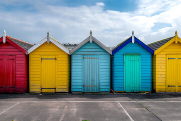 Colored bathing cabins on a beach. Beach huts or bathing houses on the beach with blue sky background. Beach huts or bathing houses on the beach with blue sky background.