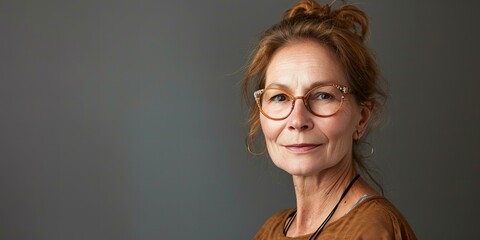 portrait of a mature, middle-aged woman wearing glasses, subtle smile, isolated on grey background, copy space
 - obrazy, fototapety, plakaty