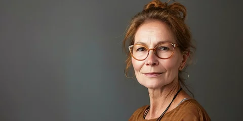 Foto op Canvas portrait of a mature, middle-aged woman wearing glasses, subtle smile, isolated on grey background, copy space  © Christopher