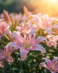 Fototapeta premium Blooming pink lilies close-up of the garden on sunny warm day, beautiful flowers on natural background