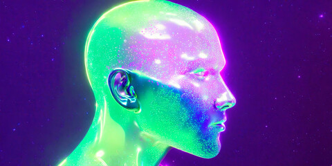 Obraz premium 3D hologram of a person. particles of light. 3D illustration. physical condition. Head. happy. fun. sad. anger. Emotional. spiritual. Abstract. Stiff shoulder. body. yoga. 