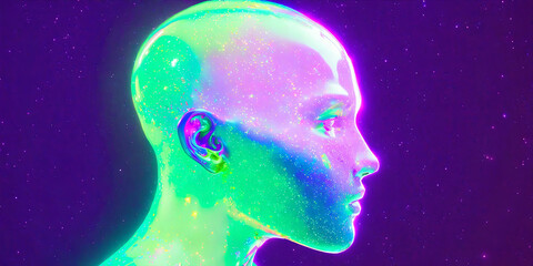 3D hologram of a person. particles of light. 3D illustration. physical condition. Head. happy. fun. sad. anger. Emotional. spiritual. Abstract. Stiff shoulder. body. yoga.
