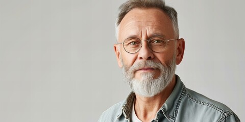 Fototapeta premium portrait of a mature, middle-aged man in glasses, subtle smile, isolated on grey background, copy space 