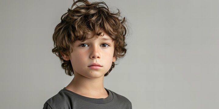 portrait of a dark haired serious looking boy isolated on grey background