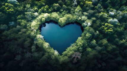 top view of heart shape lake surrounded by trees and nature in the middle of the forest - obrazy, fototapety, plakaty