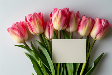 Bouquet of pink tulips with greeting card on white background