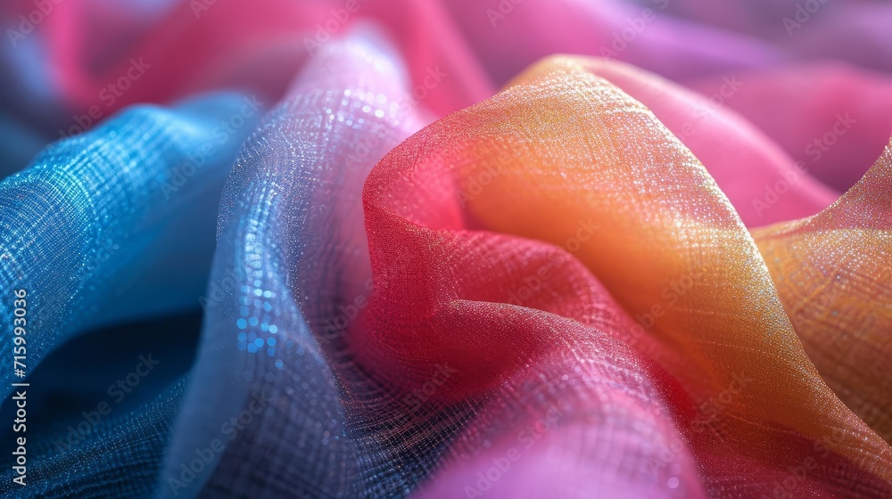 Poster a detailed view of a multi-colored fabric featuring a vibrant abstract pattern with rainbow dots.