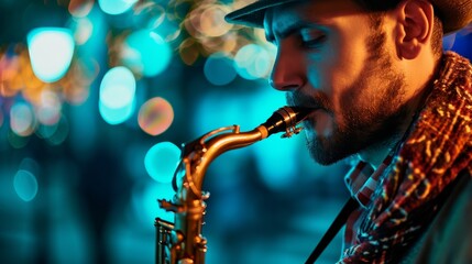 A talented jazz musician captivates the audience with his smooth saxophone melodies, effortlessly playing each note with passion and style while donning a stylish hat on stage - obrazy, fototapety, plakaty