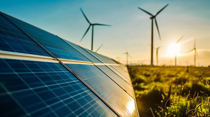 Solar panels and wind turbines at sunset. Alternative energy source. Alternative energy.