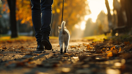 Cute little kitten walking on leash in autumn park, closeup