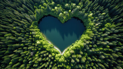 top view of heart shape lake surrounded by trees and nature in the middle of the forest. Concept of valentine's day, earth day, environment and ecology, love - Powered by Adobe