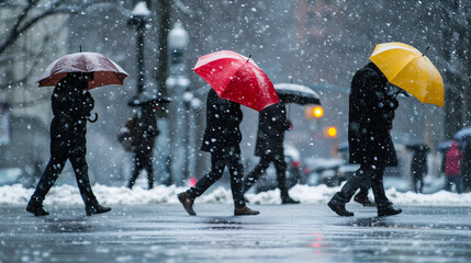 People with umbrellas walking on the street during heavy snowfall