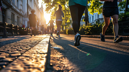 Marathon running race, people feet on city road at beautiful summer sunset