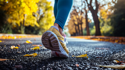 Runner feet on road in autumn nature. woman fitness jogging workout wellness concept.