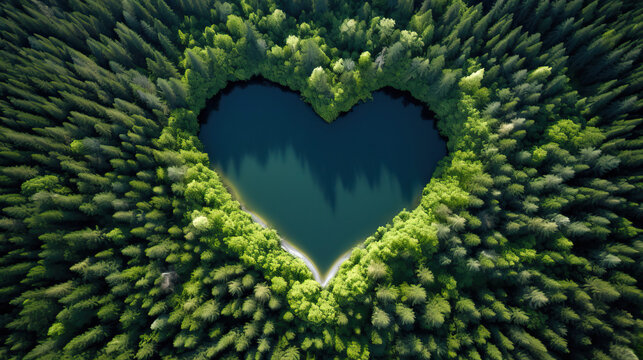 top view of heart shape lake surrounded by trees and nature in the middle of the forest. Concept of valentine's day, earth day, environment and ecology, love