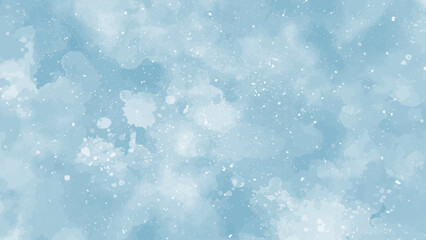 Abstract blue winter watercolor background. Sky pattern with snow. Light blue watercolour paper texture background. Vector water color design illustration