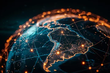 Fotobehang World map with glowing lines and city lights. Global network connections. © Jioo7