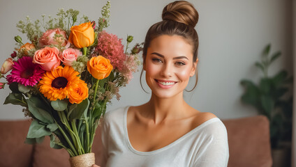 Portrait of a beautiful  happiness woman with a bouquet of flowers in the living room style