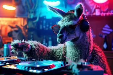 A funky mammal takes over the dance floor with sunglasses and headphones, bringing the indoor party to life with its furry beats