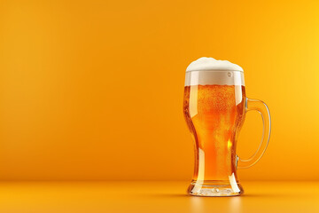 Glass mug of beer with foam on yellow background.