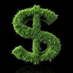 Turf Dollar Sign isolated on Black Background. Photorealistic Buck Sign on Black backdrop. Square Illustration. Ai Generated Finance and Currency 3D Symbol.