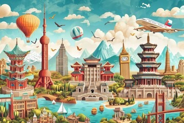 A whimsical painting of a bustling cityscape, dotted with colorful buildings and soaring hot air balloons against a dreamy cloud-filled sky, evoking a sense of wonder and adventure in this charming c