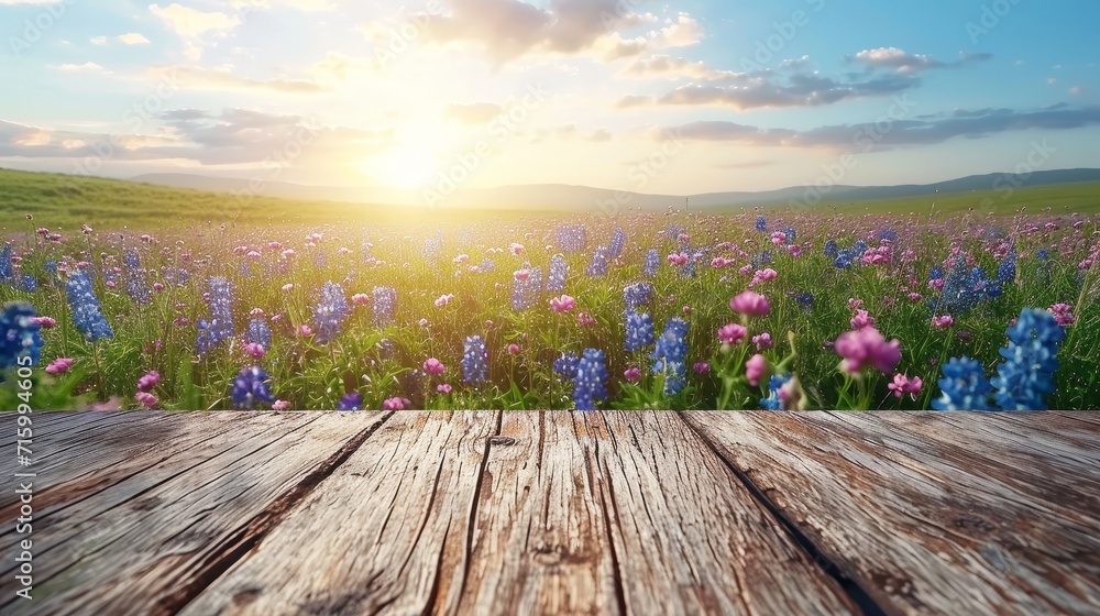 Poster a wooden table is featured with a vibrant field of flowers as the backdrop.