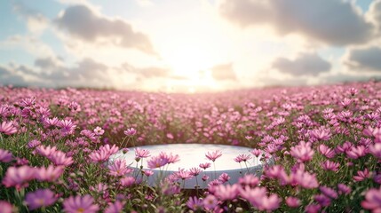 A field filled with pink flowers stands beneath a cloudy sky, creating a picturesque scene.