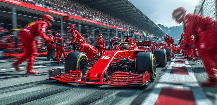 Professional pit crew ready for action as their team's race car arrives in the pit lane during a pitstop of a car race, concept of ultimate teamwork