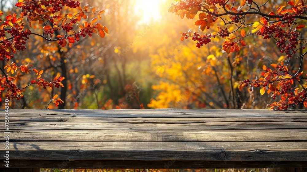 Aufkleber a wooden table sits against a backdrop of towering trees in a dense forest, showcasing the harmoniou