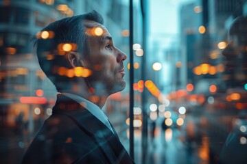 Man Observing Nighttime Cityscape Through Window - obrazy, fototapety, plakaty