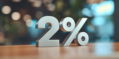 2% in metallic letters on table, percentage