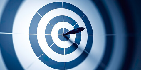 Dart in the middle of indigo blue and white target shooting target, achieve targets - obrazy, fototapety, plakaty