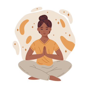 Meditating tranquil woman. Meditation and breath exercise, woman meditating in yoga lotus pose, wellness and tranquility flat vector illustration. Meditating female character