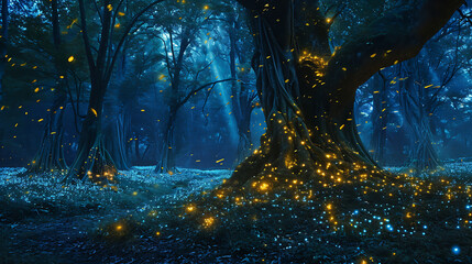 Uma floresta encantadora ganha vida sob o manto da escuridão iluminada pelo brilho sobrenatural de organismos bioluminescentes - obrazy, fototapety, plakaty