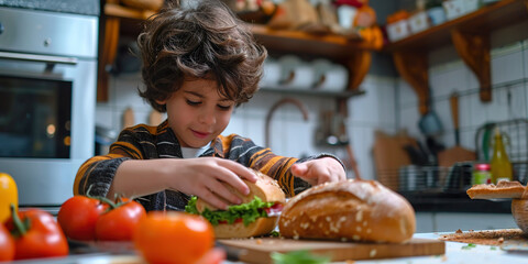 Boy preparing a vegetarian sandwich, kitchen background