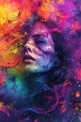A vibrant display of self-expression through the colorful, modern art of painting, as a woman's face becomes a canvas for creativity with acrylic paint
