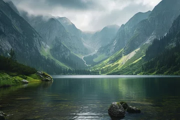 Foto op Aluminium Serene Lake Encircled by Majestic Mountains © Ilugram