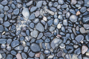 Black river rocks on the beach in Oregon, USA. 
